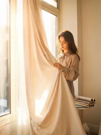 Curtain styling specialist reviewing fabric drape