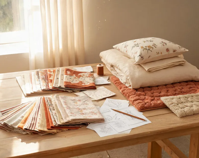 Deconovo textile design table with curtain and bedding samples