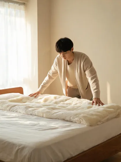 Bedding comfort specialist arranging a calm bed