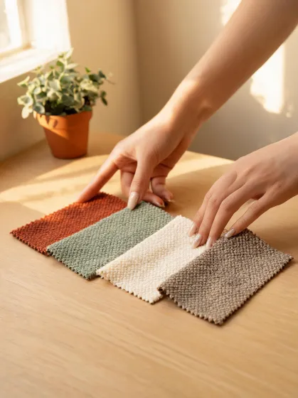 Color editor arranging terracotta and sage textile swatches