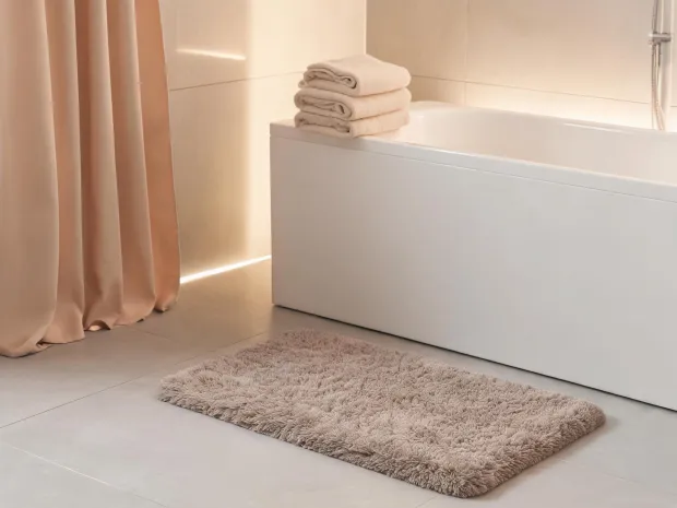 Bathroom with bath mat towels and soft curtain colors