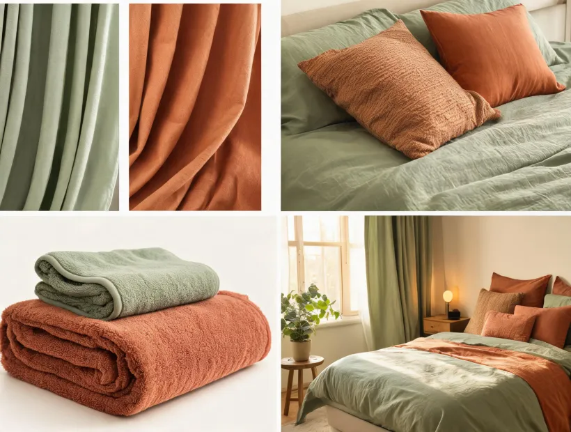 Deconovo room idea board with curtains bedding and bath layers