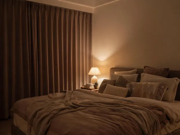 Bedroom with warm blackout curtains and layered bedding