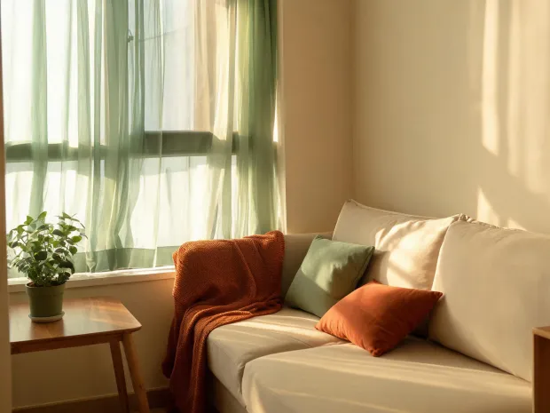 Apartment corner with curtains throw and pillow covers