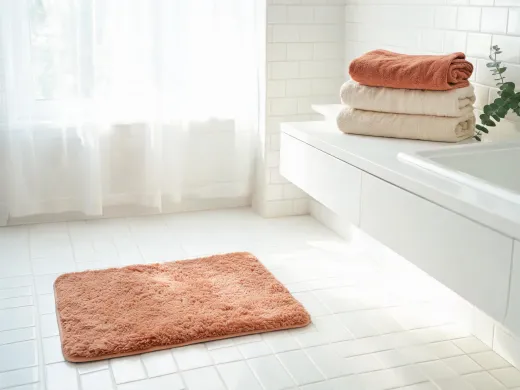 Bath mat and towels styled in a calm bathroom