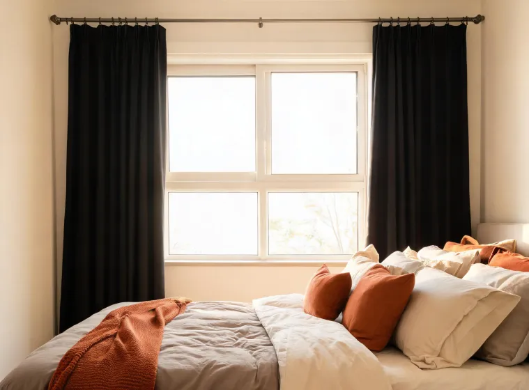 Thermal blackout curtains framing a styled bedroom window