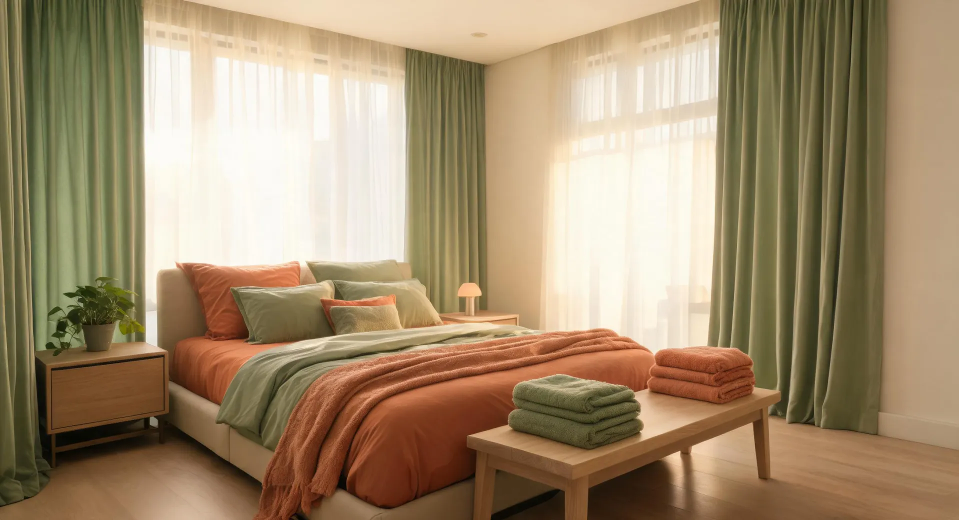 Layered curtains and bedding in a calm Deconovo bedroom