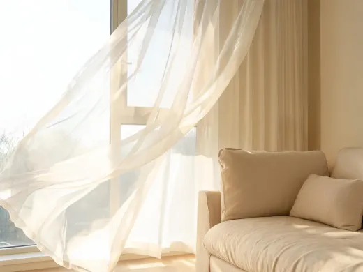 Sheer voile curtains moving in daylight