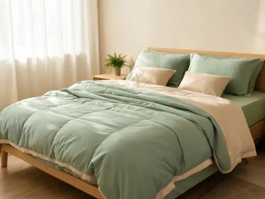 Cooling comforter and bamboo sheets on a styled bed