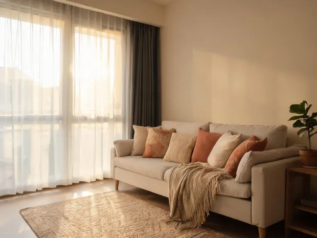 Apartment living room with sheer curtains and coordinated pillows