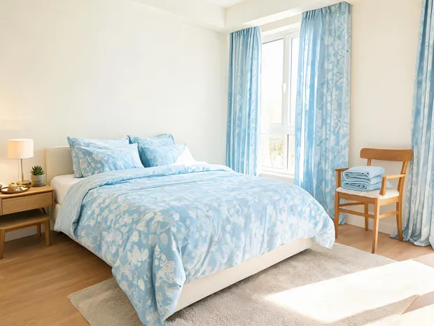 Short term rental guest bedroom with coordinated Deconovo textiles