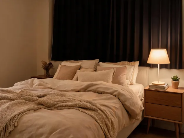 Homeowner bedroom with blackout curtains and bedding