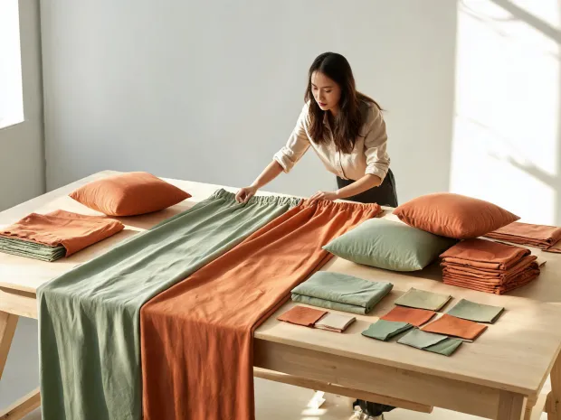 Interior stylist arranging curtain and pillow color palette